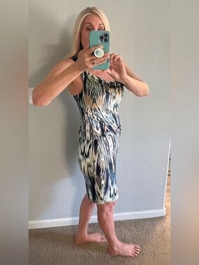 S-Twelve One-Shoulder Abstract Print Midi Dress in Navy, Cream, Black